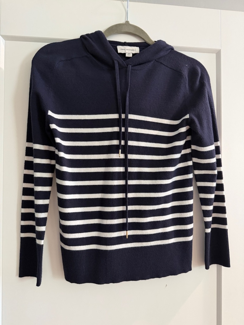 EILEEN FISHER Navy and White Striped Hooded Sweater